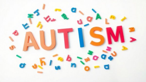 Letters spelling 'AUTISM' surrounded by scattered letters, vaccines and autism theme.