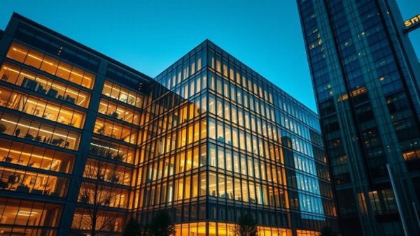 Corporate building at night, illustrating Alzheimer's treatment approval scene.