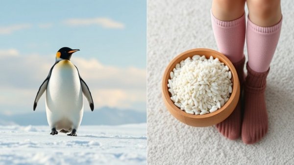 Collage with penguin outdoors, rice in a bowl, and person in pink tights.