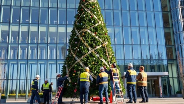 Workers setting up city Christmas tree donation in front of building.
