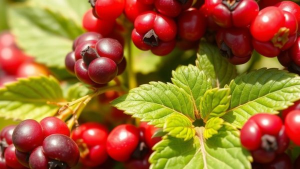 Close-up of red berries on a branch with green leaves, sunlight.