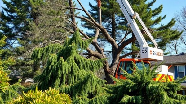 Tree removal Austell: Crane cutting branches in a suburban area.