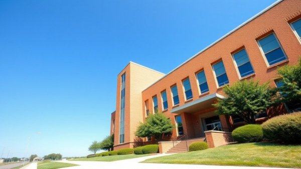 Government building exterior related to Social Security, clear sky, sunny day
