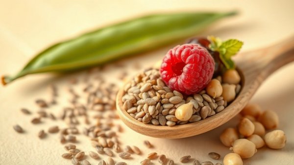 Colorful high-fiber foods including peas, chia seeds, raspberry, showcasing the fibermaxxing trend.