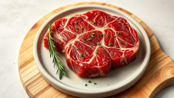 Raw steak highlighting tryptophan benefits on a plate with herbs.