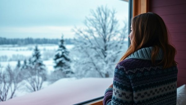 Patterned base layer and woman in cozy setting for winter warmth.