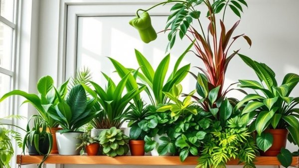 Vibrant indoor jungle with diverse cheap houseplants on a shelf.