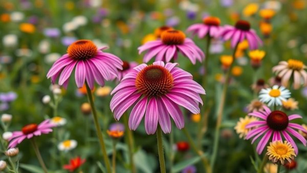 Purple coneflowers in a prairie garden setting with surrounding wildflowers.
