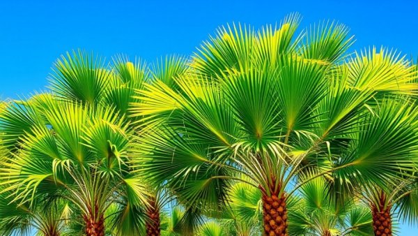 Lush California fan palms under clear blue sky