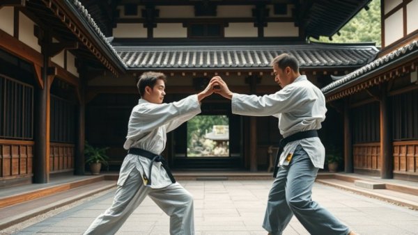 Renshusei Training in traditional karate at Japanese temple.