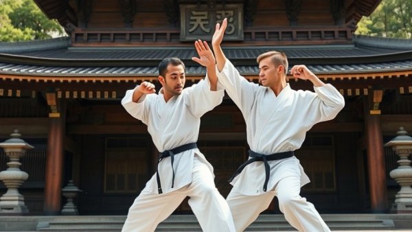 Martial artists Renshusei Training in front of Japanese temple.
