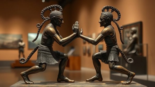 Ancient sculpture of two figures demonstrating Jiao Li wrestling techniques.