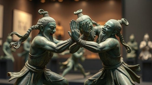 Ancient bronze figurines in a martial arts pose in a museum display.
