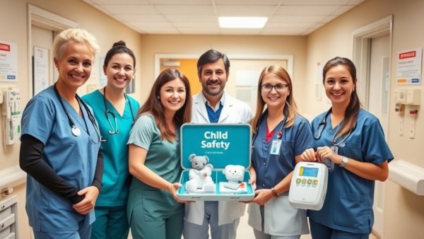 Healthcare professionals presenting child safety demonstration in hospital.