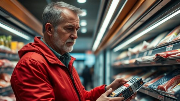 Man selecting packaged meat in grocery store aisle.