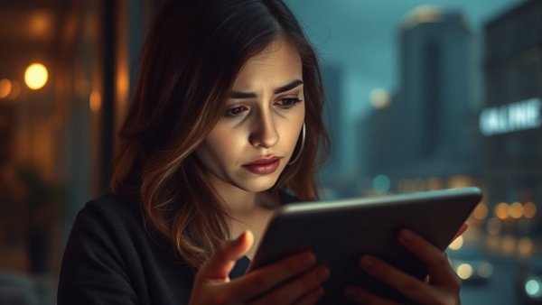 Concerned woman reads screen at night amid stock slip news.