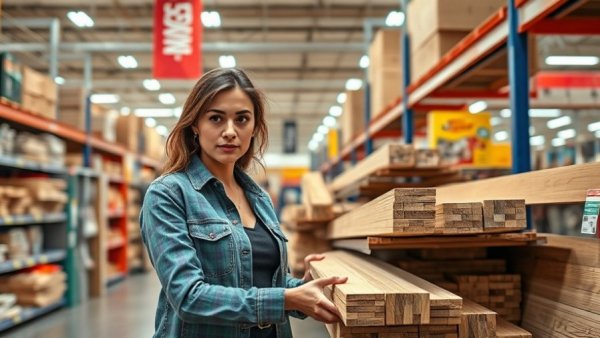 Woman choosing lumber at a hardware store, Home Depot stock decline.