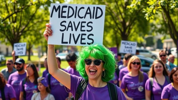Protester advocates Medicaid provider rates Colorado, sunny park demonstration.
