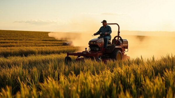 Man operating Gravely mower in field at golden hour with dusty grass.
