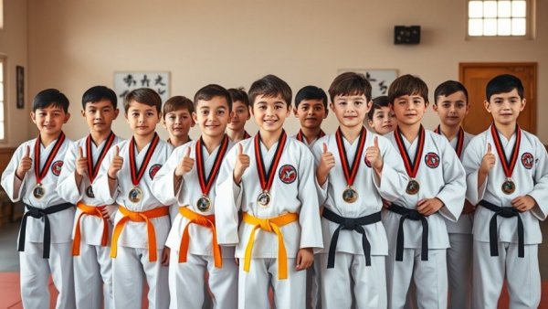 Karate students displaying medals after lesson in Gurnee dojo.