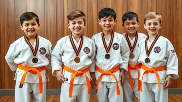 Happy children in karate uniforms at martial arts classes Gurnee.
