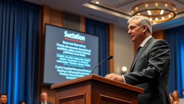 Man delivering speech at podium, presentation backdrop.