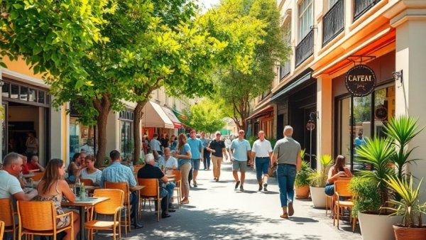 Vibrant street scene people dining Pension Credit benefits for seniors Muskegon