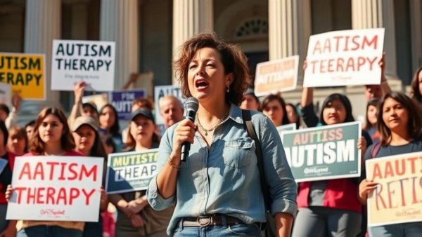 Protest against Medicaid cuts to autism therapy in Colorado, speaker with signs.