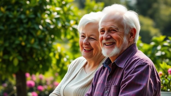 Happy elderly couple enjoying a garden scene, senior living communities New Braunfels.