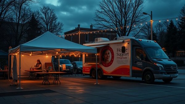 Independent living support event setup with tents and promotional truck at night.