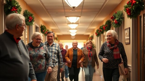 Seniors in hallway exploring independent living facility in Muskegon.