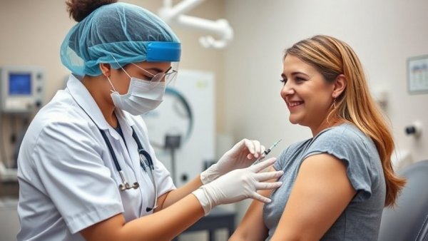 Healthcare worker gives vaccine to smiling woman, clinical setting