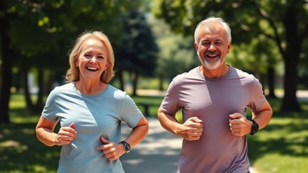 Midlife exercise reduces Alzheimer's and dementia risk, active couple jogging.