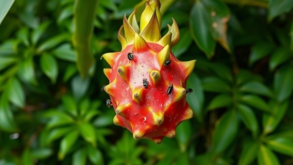 Dragon fruit plants affected by pests in a lush green setting.