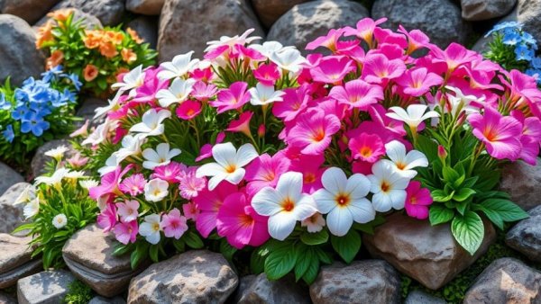 Vibrant flowers in a rock garden, ideal for Muskegon landscapes.