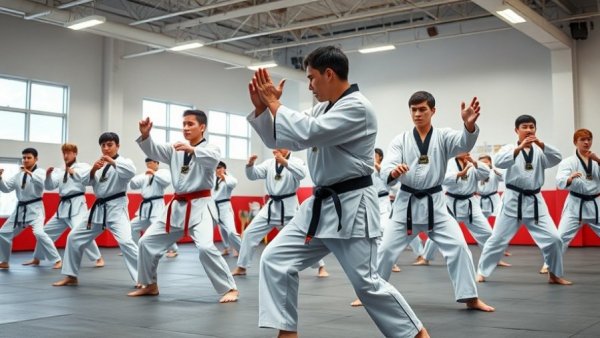 Global Taekwondo Summit participants practicing in a sports arena.