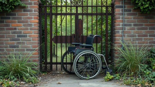 Maryland senior care crisis depicted by an abandoned wheelchair in a neglected area.
