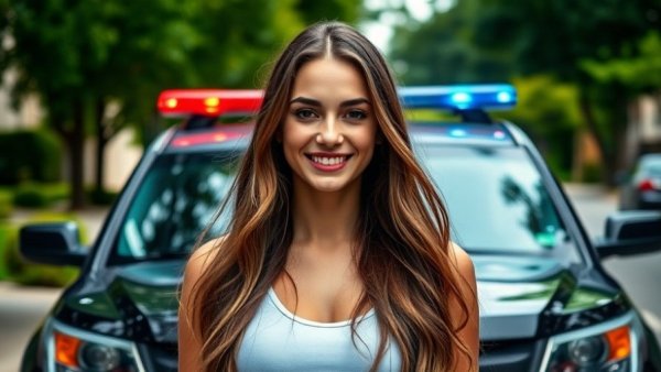 Confident young woman in front of police car, drug supply and harm reduction internship.