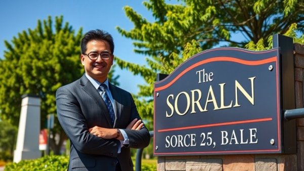Green Lawn Fertilizing VP of Finance smiling outdoors behind company sign.