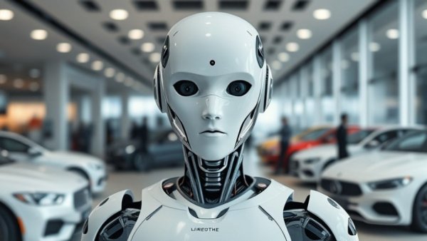 Futuristic humanoid robot in modern showroom, not related to martial arts classes Gurnee.