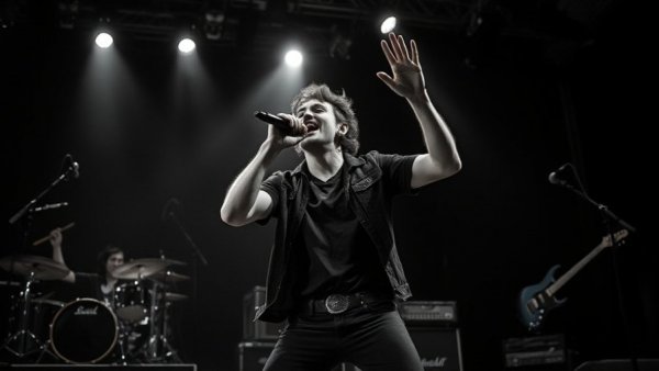 Live music performance with energetic singer and band, cinematic photo.