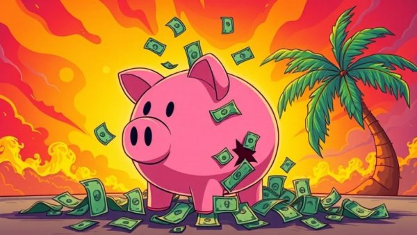 Cartoon of a broken piggy bank spilling money with a fiery background.