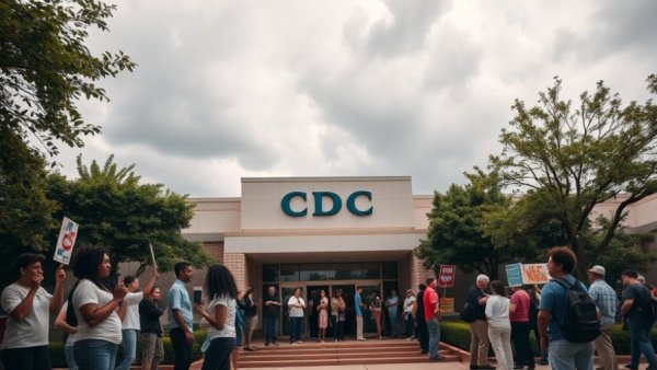 CDC entrance with protest signs, people gathered outside on cloudy day.
