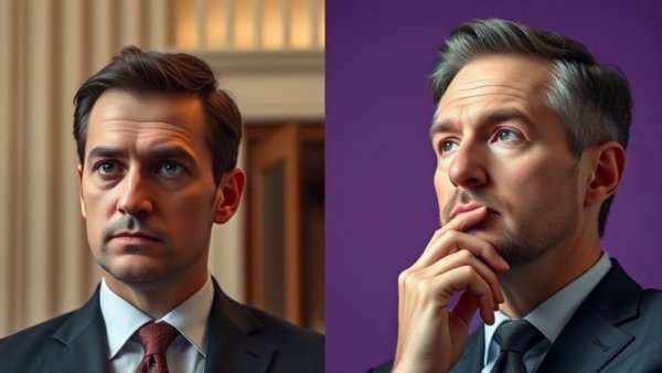 Professional men in thoughtful and serious demeanor, contrasting backgrounds.