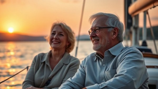 Senior couple enjoying a sunset boat ride, Muskegon senior living options