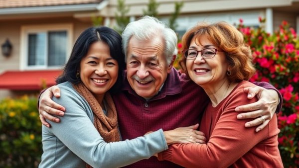 Smiling family embracing outside a home in Muskegon.