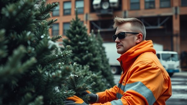 Worker in orange gear assists Rockford Christmas Tree 2025 setup.