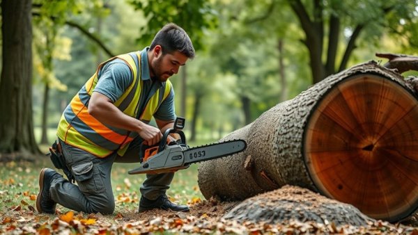 Professional tree care in Central Florida with arborist cutting a tree.