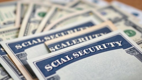 Social Security cards with dollar bills, symbolizing retirement planning.