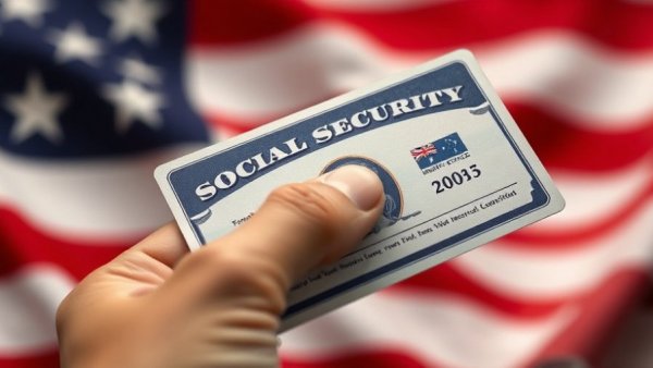 Hand holding Social Security card with USA emblem over American flag.